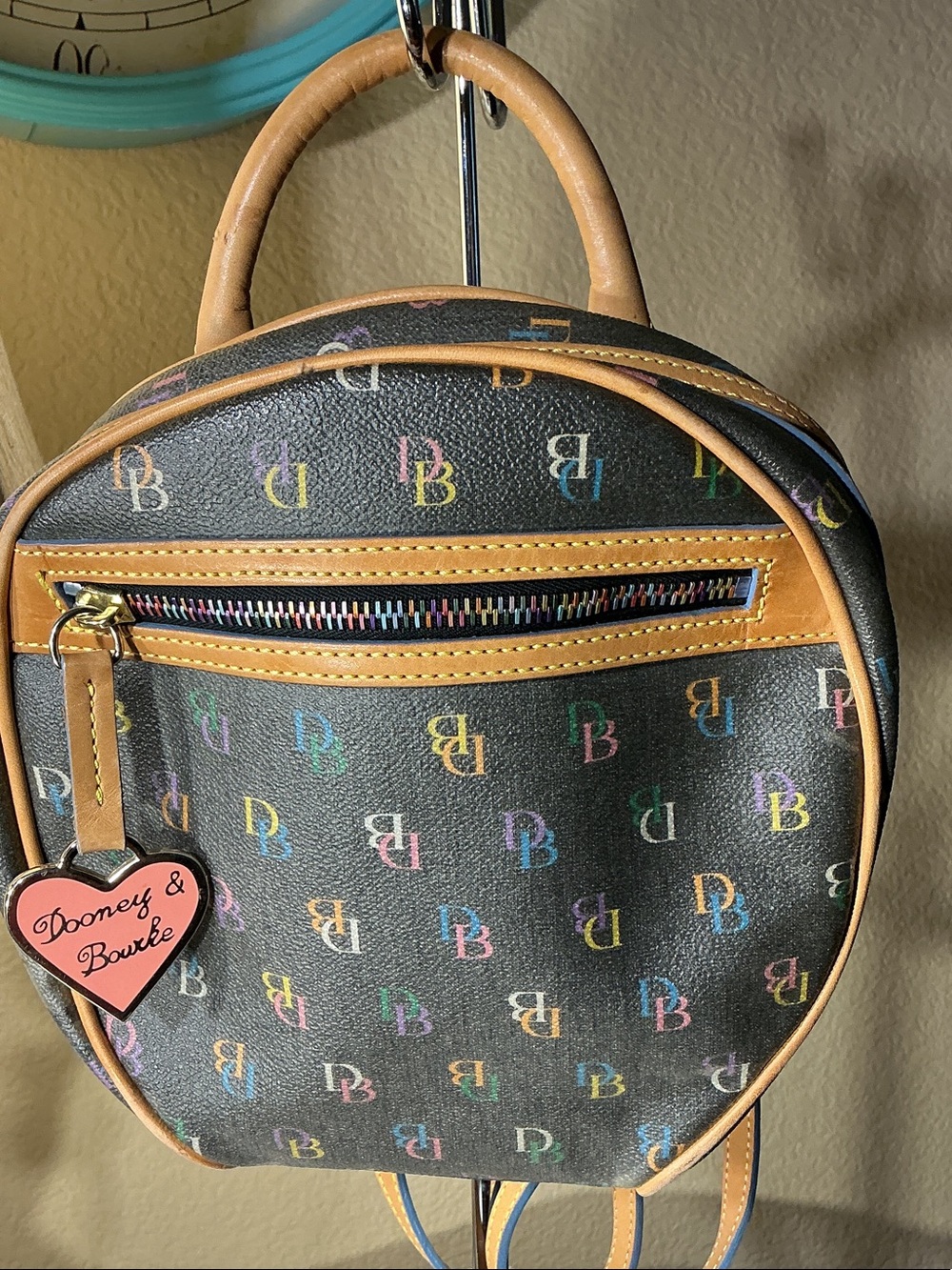 Dooney & Bourke Black Multicolor Logo Round Mini Backpack with Tan Trim